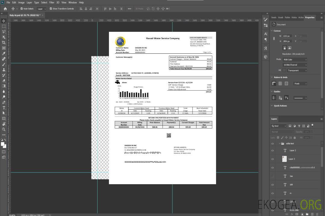 Modèle de facture de services publics de la USA Hawaii Water Service Company aux formats Word et PDF template Modèle de facture de services publics de la USA Hawaii Water Service Company aux formats Word et PDF template
